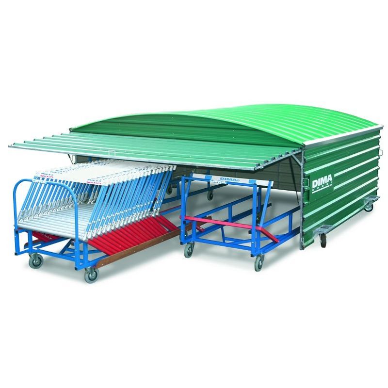 Hurdle carts sheds on swiveling wheels Hurdle carts sheds on swiveling wheels